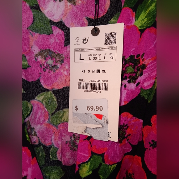 Zara Hot Pink and Black Floral Puff Shoulder Wrap Blouse. Size L. NWT! - Picture 7 of 12